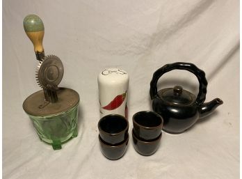 Black Crate & Barrel Tea Set, Vintage Green Glass Beater And More