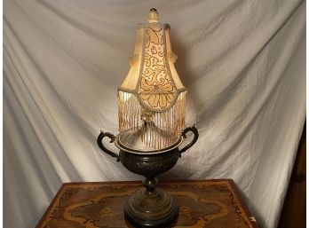 Unusual Lamp Of Two Handled Urn With Beaded Lamp Shade