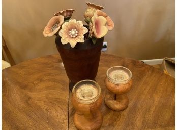 One Piece Wood Vase With Beautiful Flowers And Pr. Wood Candle Holders
