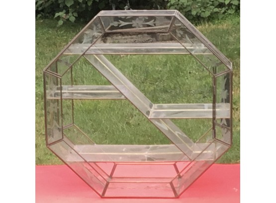 Hanging Etched Leaded Glass Octagon Curio Shelf.