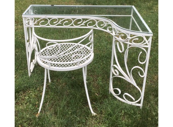 Vintage Unique White Wrought Iron Curved Desk, Vanity, & Chair