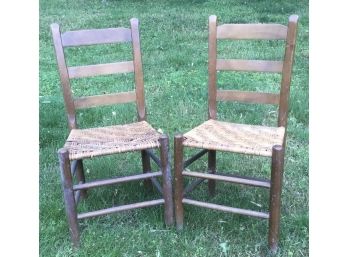 2 Petite Antique Rush, Cane Chairs, Slatted Back