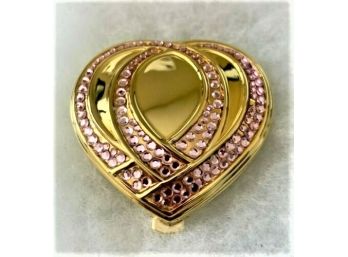 Vintage Estee Lauder Pink Rhinestone, Pink Ribbon Gold Tone Heart Pressed Powder Compact