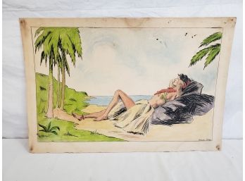 1911 Hawaiian Girl On Beach Sketch Color Art