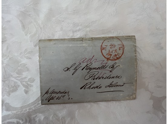 Circa 1830-40 Folded Stampless Envelope Dated April 20 With 7 Cents Postage Paid W/ Red Cancel To Providence