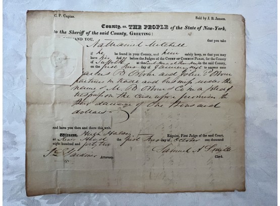1842 SUFFOLK COUNTY NEW YORK  Sheriffs Court Document W/ Seal