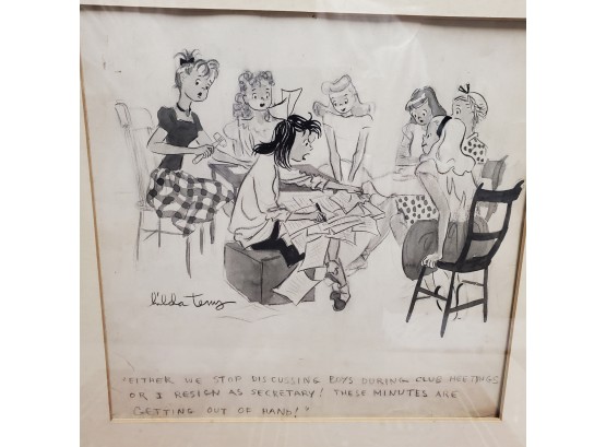 Amusing Original Cartoon Signed By Hilda Terry - Girls Club Secretary:  EITHER WE STOP DISCUSSING BOYS...   WA
