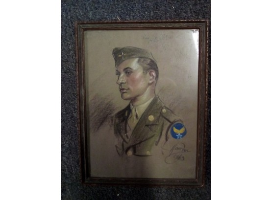 Vintage WWII Soldier - Artist Signed Portrait - By Housley 1943 - Colored Pencil Medium - Wood Framed.   WA