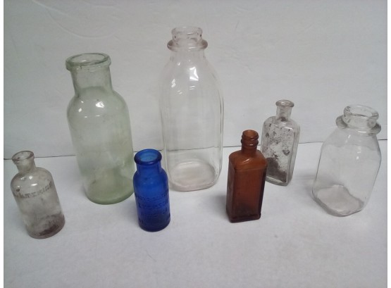 Lot Of Seven Vintage Glass Bottles Includes Milk Bottle, Bromo-Seltzer, Listerene  & More         UTAB
