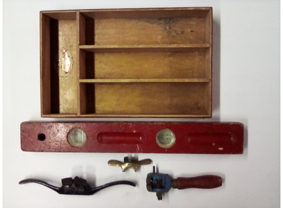 Vintage Tool Shed Finds - Wood Organizer, Stowe, VT Wood Carpenters Level 2 Hand Planes & Mystery Tool  CAVE