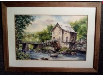 Stunning Original Watercolor Of New England Mill By Joyce Rogers Framed  With Natural Wood    WA