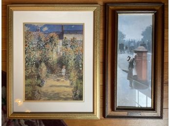 Lovely Lot Of Two Framed Vintage Prints: Sunflowers -Floral & Street Scene With Old Fashioned Mailbox