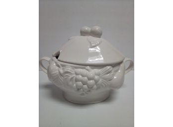 Beautiful White Glazed Ceramic Soup Tureen With Raised Decorations. C2