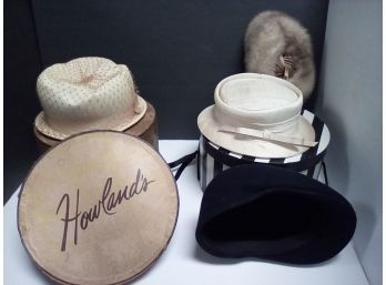 Lot Of Four Lovely Vintage Hats - Fur, Silk, Polyester And Wool And 2 Hat Boxes   D2