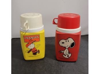 Pair Of Vinyage Collectibles-  Peanuts Snoopy Thermoses- High Cute Factor !   A4