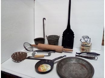 Look! Vintage Kitchenware Table Talk Pie Pan, Rolling Pin,  Copper Strainer, Wood Stove Tools & More   D2