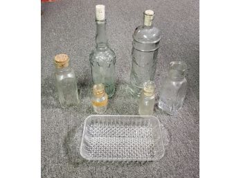 Collection Of Glass Bottles And Glass Serving Dish.   CV