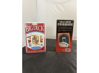 Awesome Game Night Set Of Solid Wood Cribbage & Fundex Big Deck Playing Cards In Collectible Tin D2