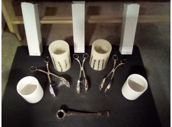 Battery Op. Candles, 3  Winthrop Silver Tongs, Silverplate Candlesnuffer (England) &  2 Vases CVBK