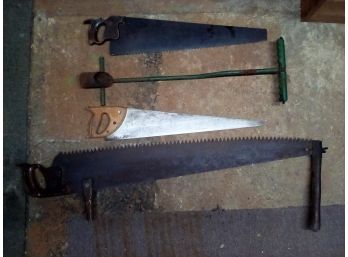 SAWS Lot: 2 Handled Saw, 2 Regular Hand Saws & Vintage Metal Bulb Digger   CAVE