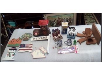 Seasonal Welcome Signs, Farm Style Salt/pepper Shakers, Doughboy Collector Glass, Carved Wood Shelf CAVE