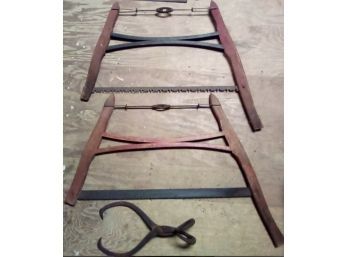 Lot Of 3 Antique Tools Including An Iron Ice Block Tongs, And Two 2-handled Bow Saws