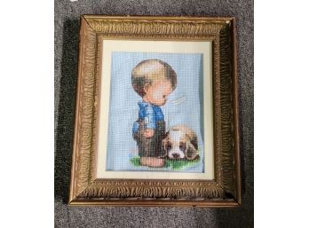 Adorable Knitted Boy And Dog Artwork
