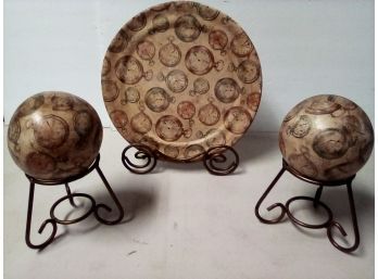 Mexico Made Platter & Matching Globes On Weighted Metal Stands With Beautiful Vintage Clock Paper Design    E4