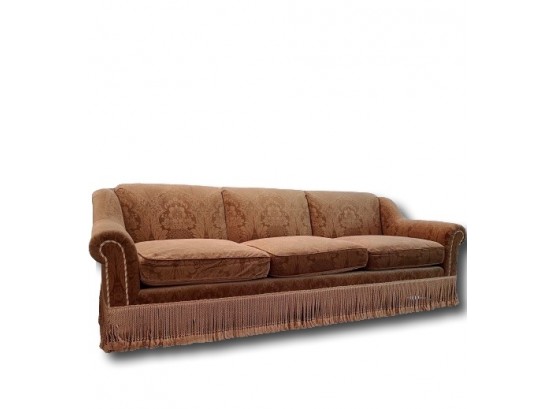 A Dramatic Designer Custom Velvet Damask Rolled Arm Tight Back 3 Cushion Sofa With Fringe (1 Of 2)
