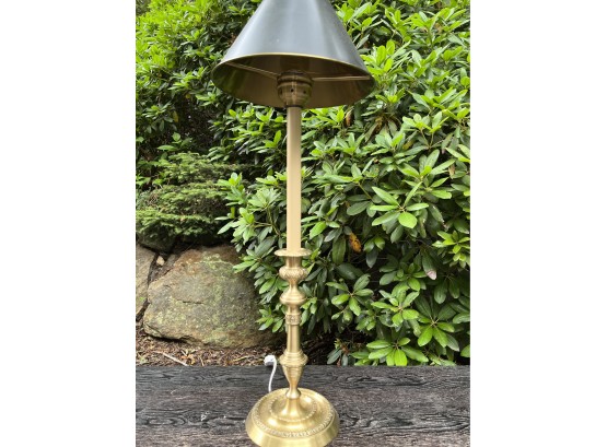 A Brass Candlestick Lamp With Metal Shade - 30' High