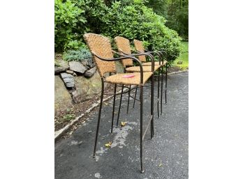 A Set Of 3 Counter Height Metal And Woven Rattan Chairs - Stackable