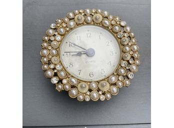 A Vintage  Alloy Brass Tone Bedside Clock - Battery Operated - Bejeweled