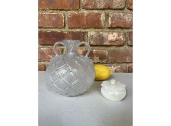 Irridescent Glass Handled Vase And A Small Carved Stone Box With Lid