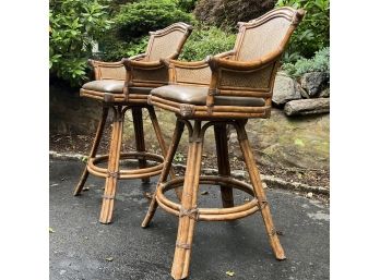 A Pair Of Hooker Furniture Bamboo, Leather And Rattan Bar Chairs - Palm Beach Styling
