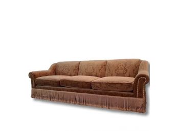 A Dramatic Designer Custom Velvet Damask Rolled Arm Tight Back 3 Cushion Sofa With Fringe (2 Of 2)