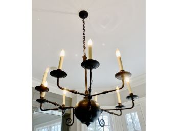 An English Iron Chandelier - Central Round Bulb With Shield Stem -trio Of 3 Light Branches