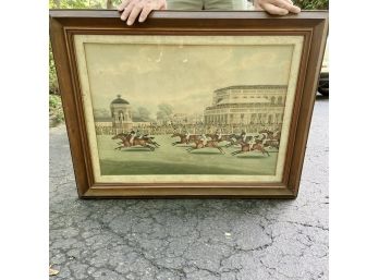 A Framed Hand Tinted English Color Engraving - The Steeplechase - 34x27