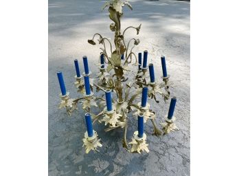 A Fabulous Foliate Cast Brass Chandelier Stylized With Modern Blue Candles Sheaths