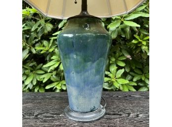 A Beautiful Early 20th C Glazed Table Lamp With Metal Base And Cap