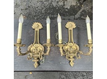 A Pair Of Cast Bronze Neoclassical 2 Arm Sconces - Lyre Form - Very Heavy - Quality