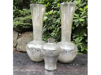 A Trio Of 'mercury' Glass - A Pair Of Tall Vases And One Small