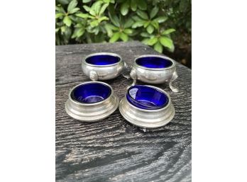 English Sterling Silver Salt Cellars With Cobalt Glass And 2 Sterling Shakers