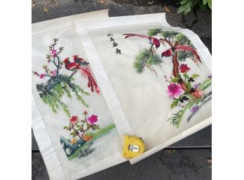 A Perfect Pair Of Japanese Embroidered Silk Panels