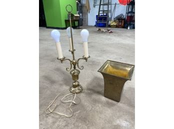 Brass Triple Lamp & Engraved Brass Asian Waste Bin