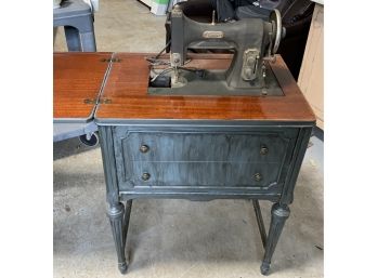 Antique White Rotary Sewing Machine In Cabinet