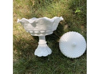 Vintage Milk Glass Footed Compote & Covered Hobnail Candy Dish