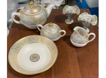 Stangl Pottery Serving Lot ~ Vegetable Bowl, Teapot, Cream, Sugar & Candle Holders  ~