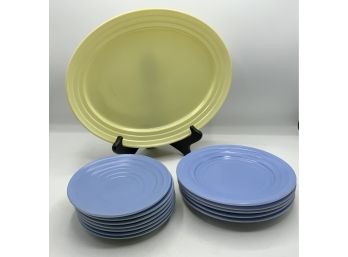 Hazel Atlas Blue & Yellow Moderntone Platonite ~ Platter & Plates ~ 1940s
