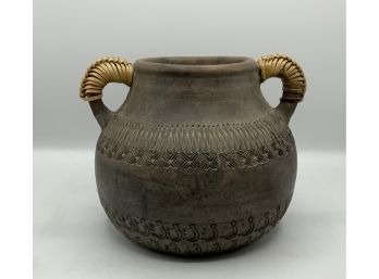 Beautiful Double Handled Terra Cotta Pottery Vase ~ Embossed Design ~