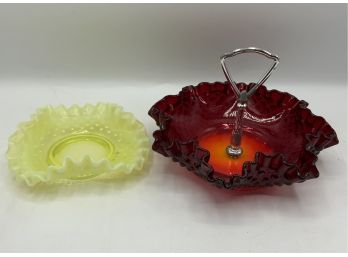 Fenton Red Hobnail Candy Dish W/handle & Yellow Vaseline Glass Ruffled Dish